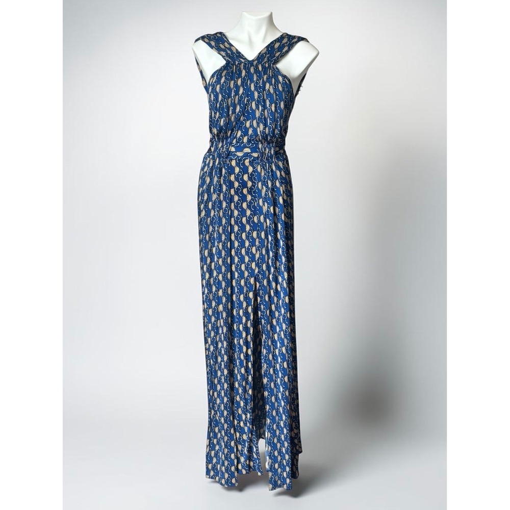 Issa London Maxi Dress Size 8 Blue Tan Geometric Pattern Double Draped Skirt